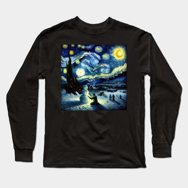 Build a Snowman Starry Night - Post Impressionism Long Sleeve T-Shirt by Edd Paint Something